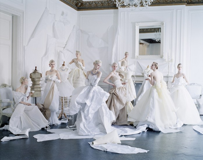 Tim Walker, Eight models in paper dresses after Cecil Beaton’s image of debutantes in Charles James, London, 2012, © Tim Walker